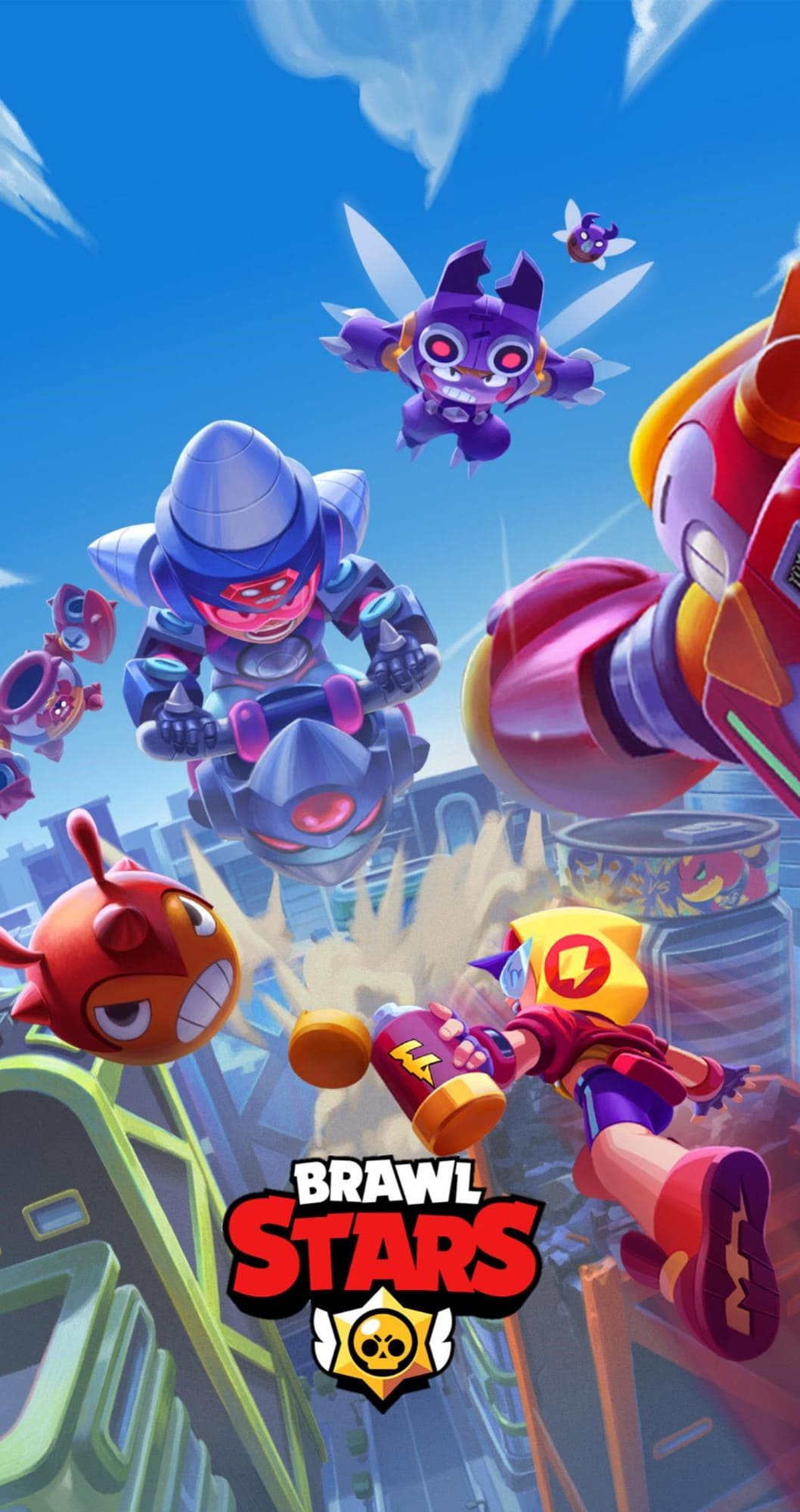 Dynamic Brawl Stars wallpaper featuring robotic brawlers in mid-action above a futuristic cityscape