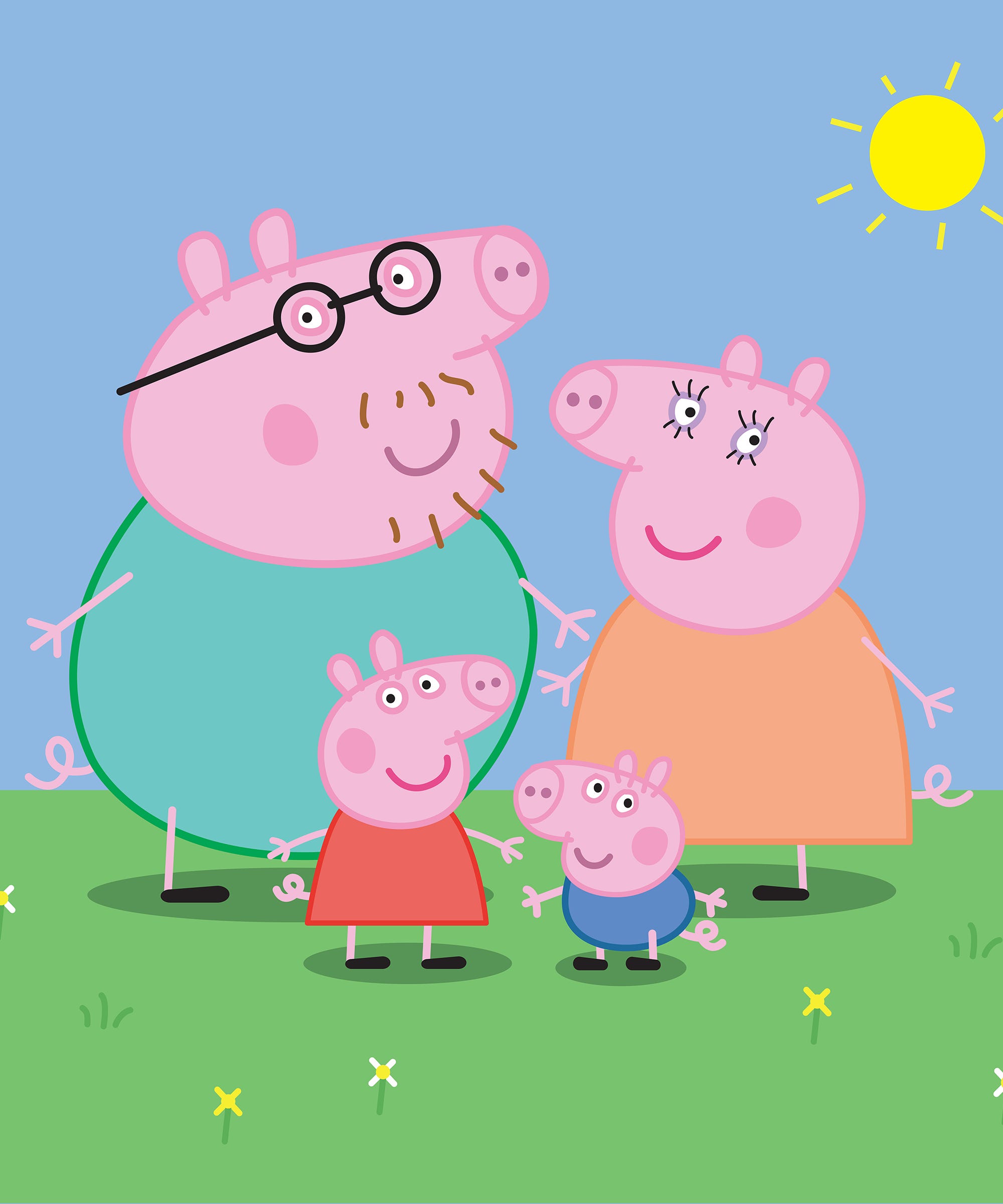 Peppa Pig family standing in a field on a sunny day
