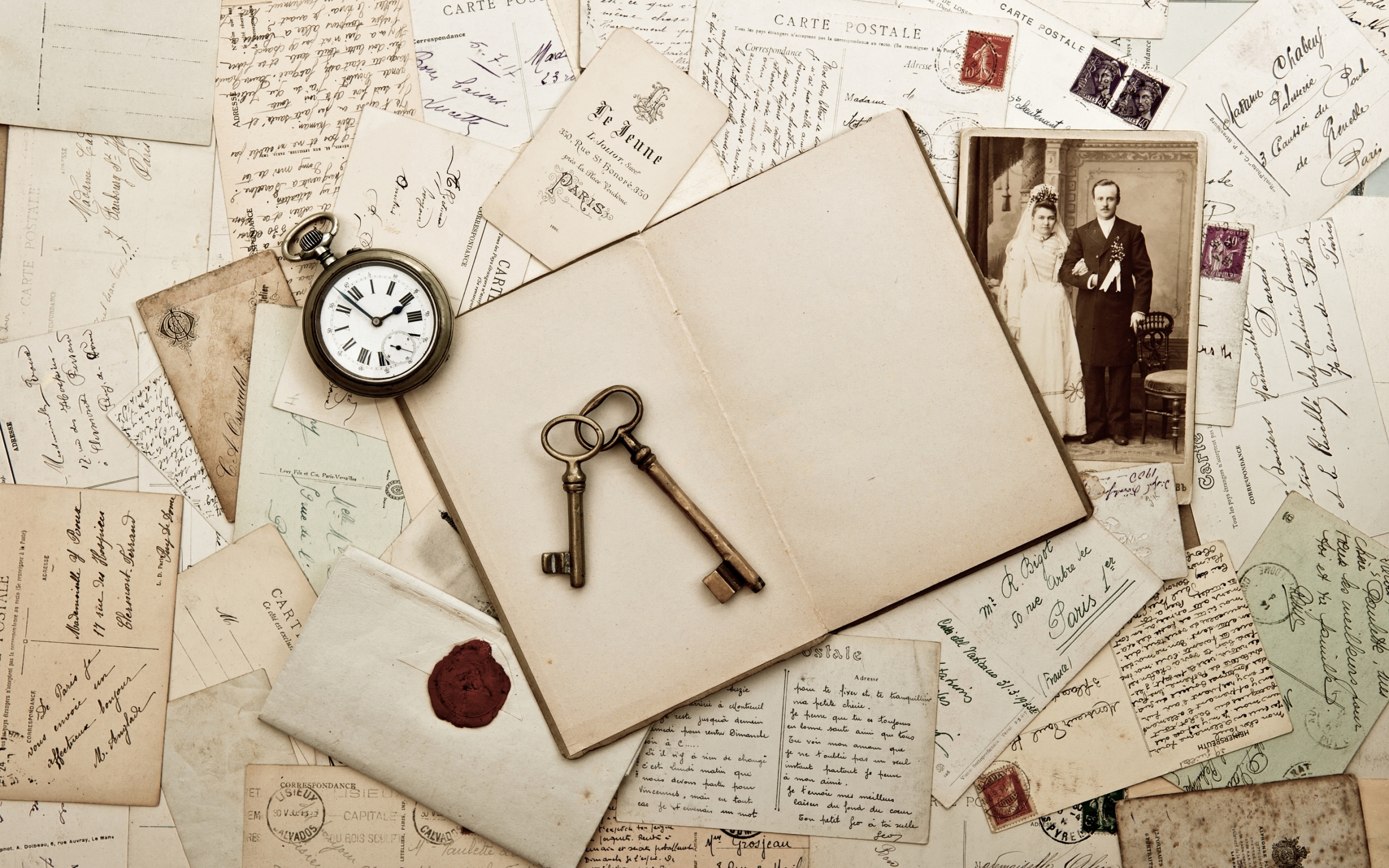 Vintage Post Cards Keys Photo Wedding Letter Watch Wallpaper
