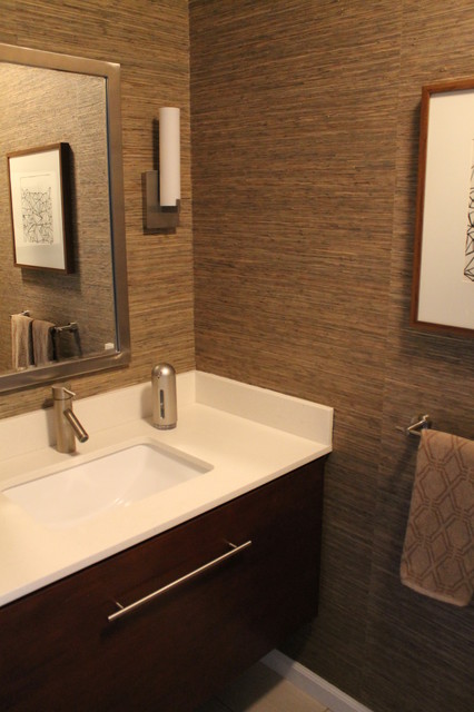 Powder Room With Grasscloth Wallpaper Walnut Stained Cabiry