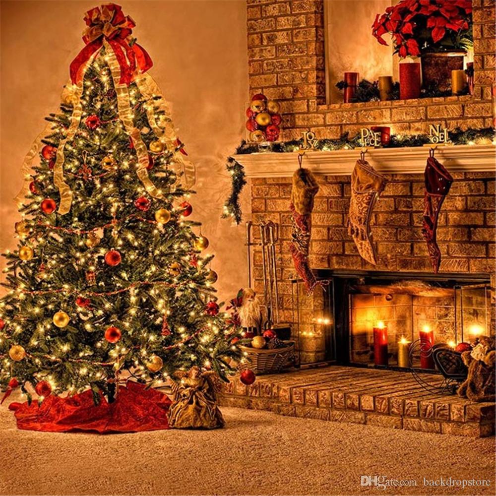 Indoor Brick Fireplace Photo Background Candles Stocking