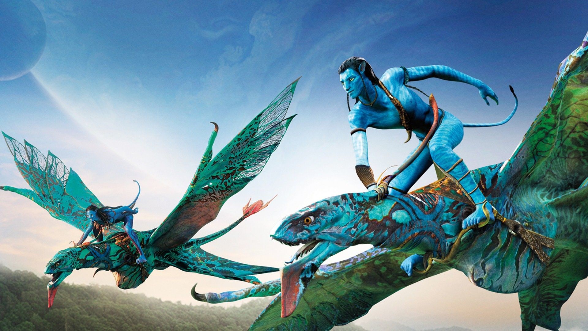 Two Na'vi riding their Ikran in the skies of Pandora from the movie Avatar