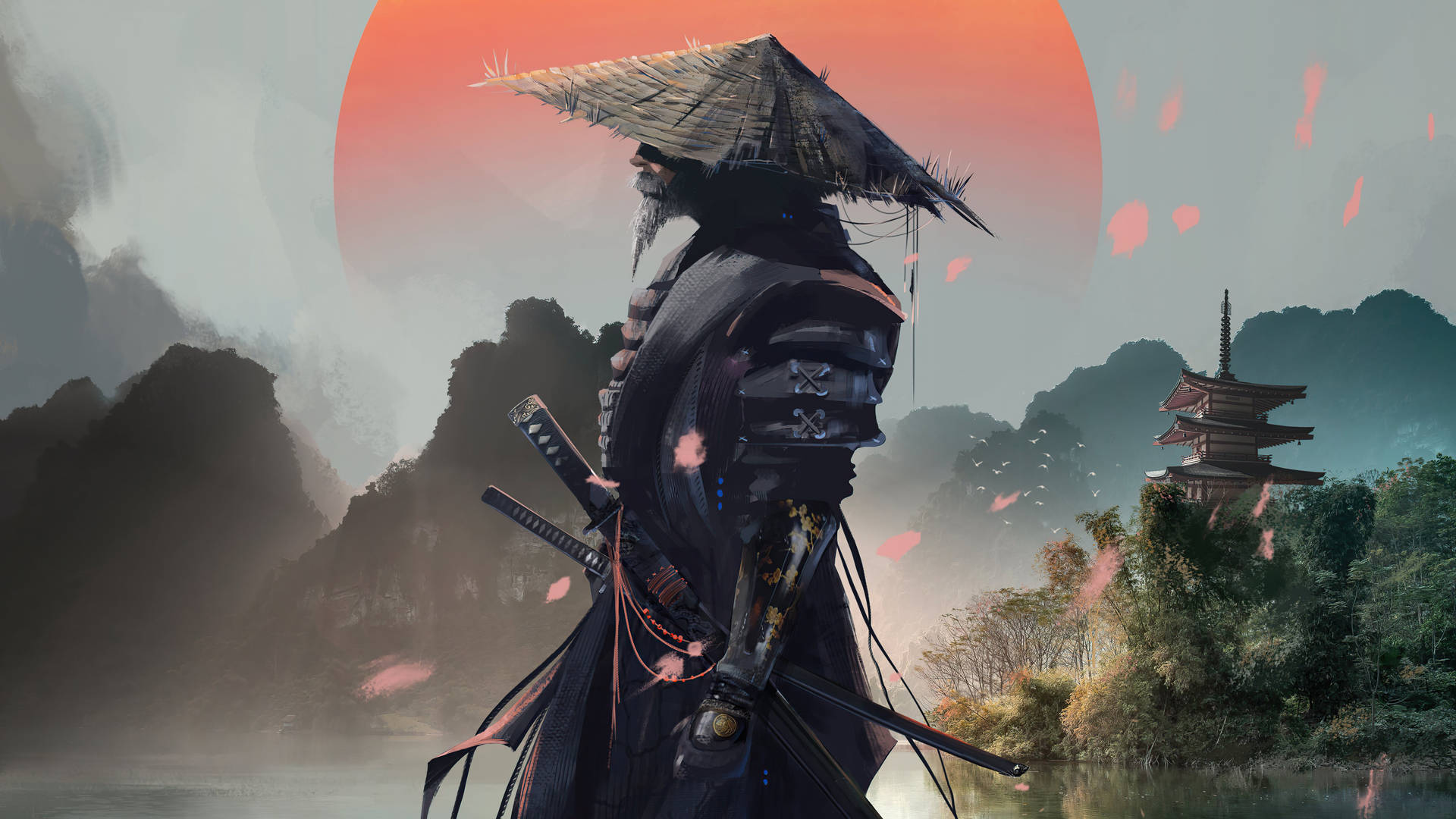 A lone samurai stands against a misty backdrop of a serene lake and a traditional Japanese pagoda, with a rising sun and falling cherry blossoms adding a touch of tranquility
