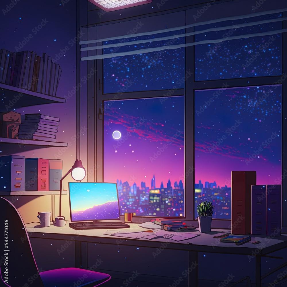 Lofi Empty Interior Messy Desk Window Of A Night Sky Anime
