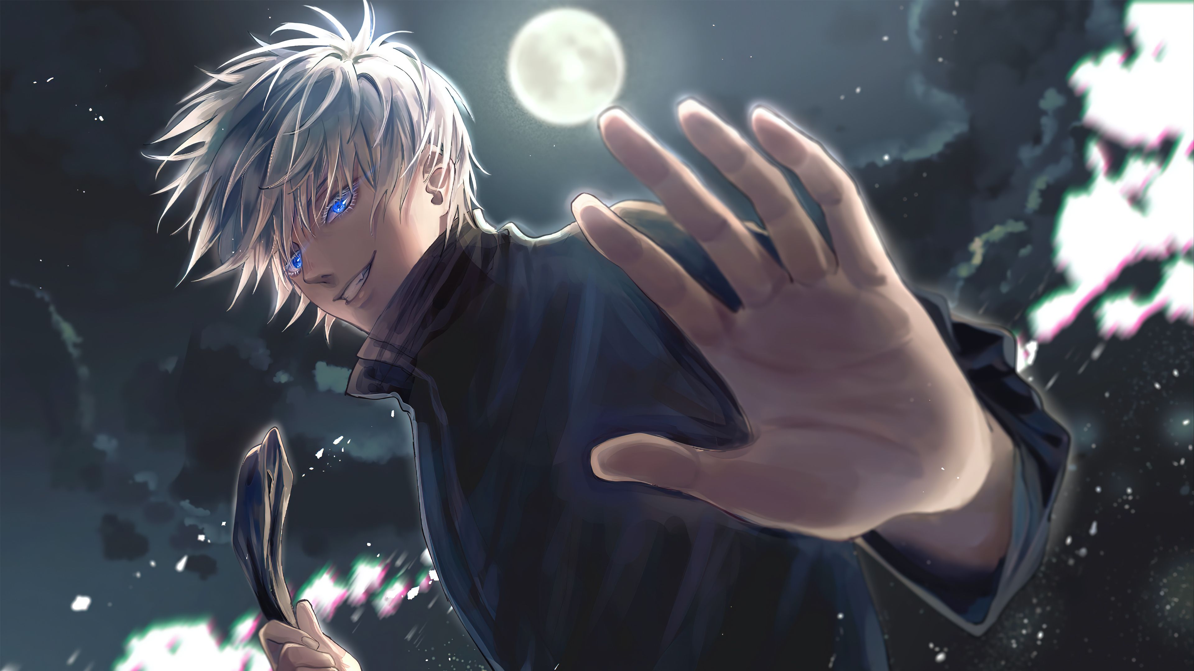 Gojo Satoru from Jujutsu Kaisen with his hand outstretched in a dynamic pose, set against a dark, moonlit sky
