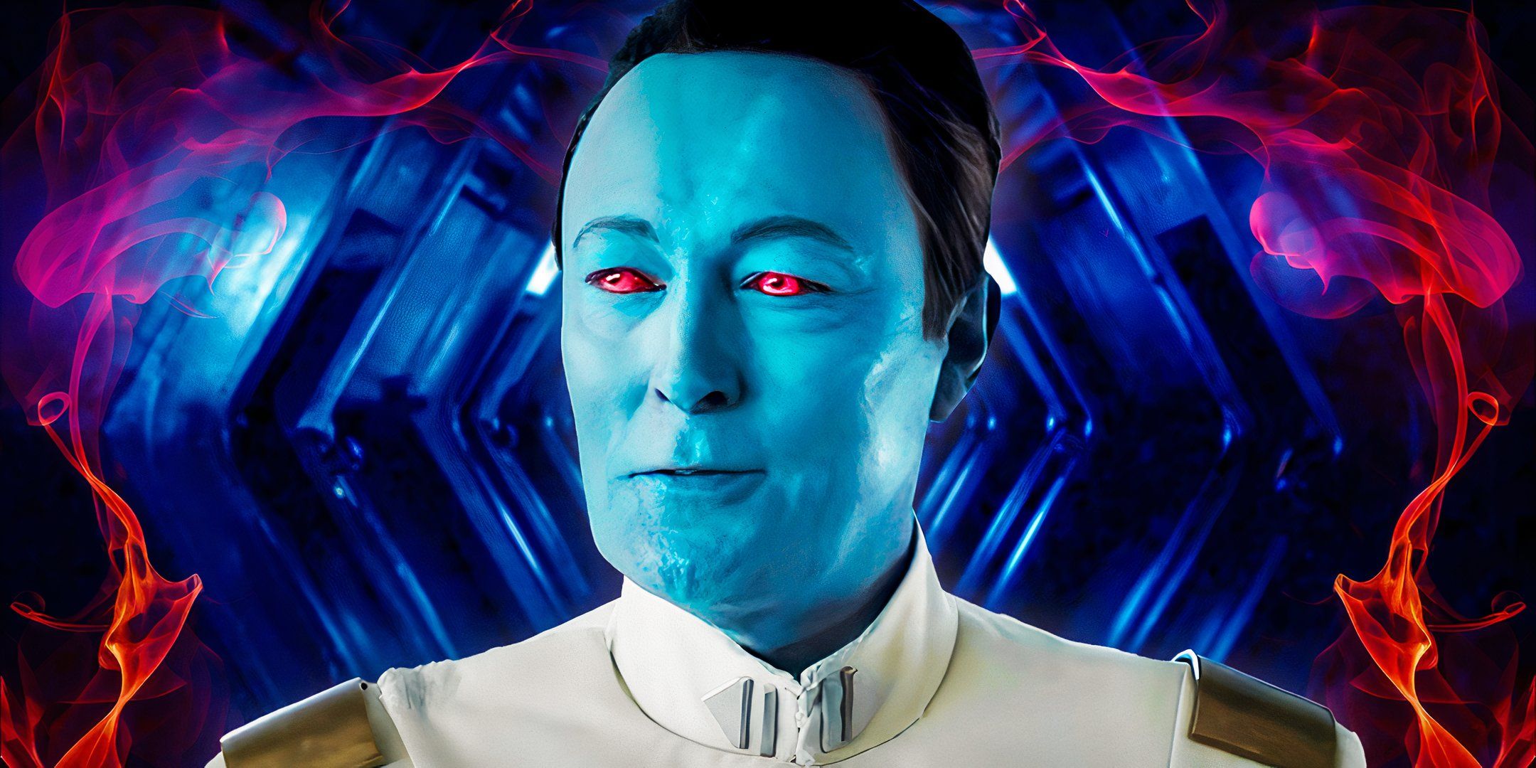 A digitally enhanced image of a person with blue skin and red eyes against a vibrant, abstract background with swirling red and blue hues. The subject wears a futuristic white uniform