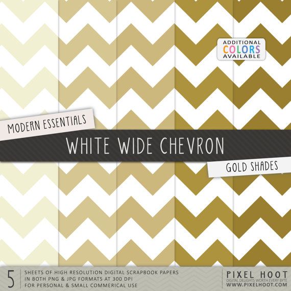 Gold Chevron Digital Scrapbook Papers White Wide Pattern