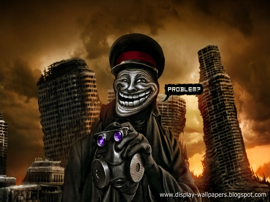 A humorous depiction of a post-apocalyptic scene with a trollface character wearing a gas mask and holding binoculars, seemingly unfazed by the destruction around him