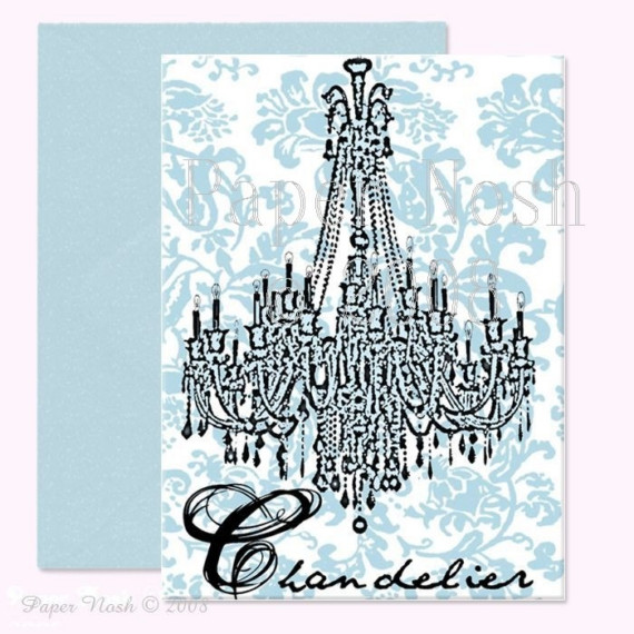 French Crystal Chandelier And Aqua Damask Wallpaper Notecard Set