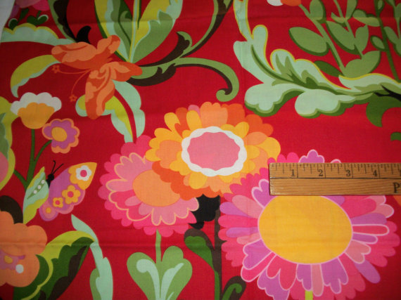 Large Floral Print On Bright Red Background Fabric Yard By