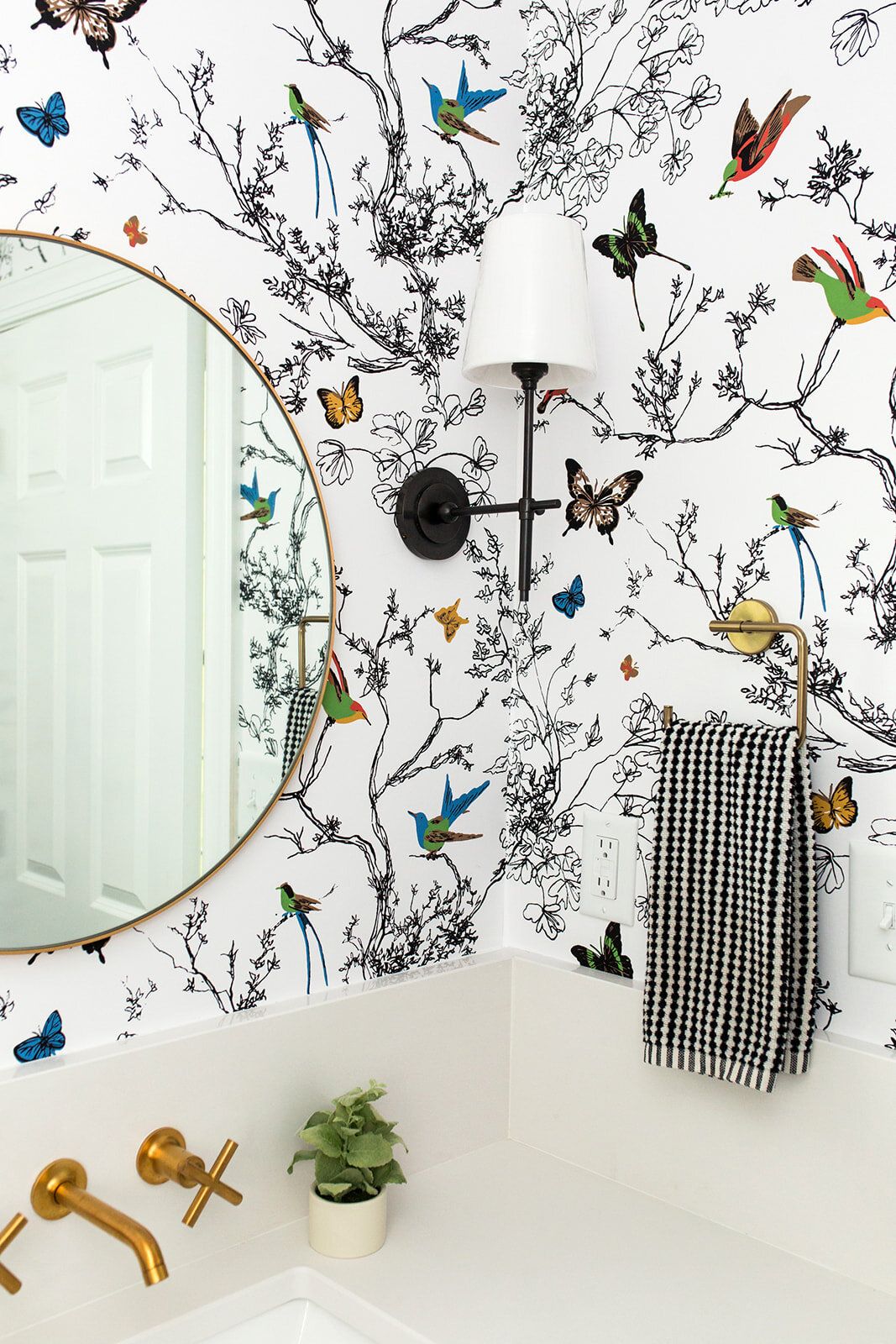 Powder Room Whimsical Wallpaper Details Gold Bathroom Fixtures