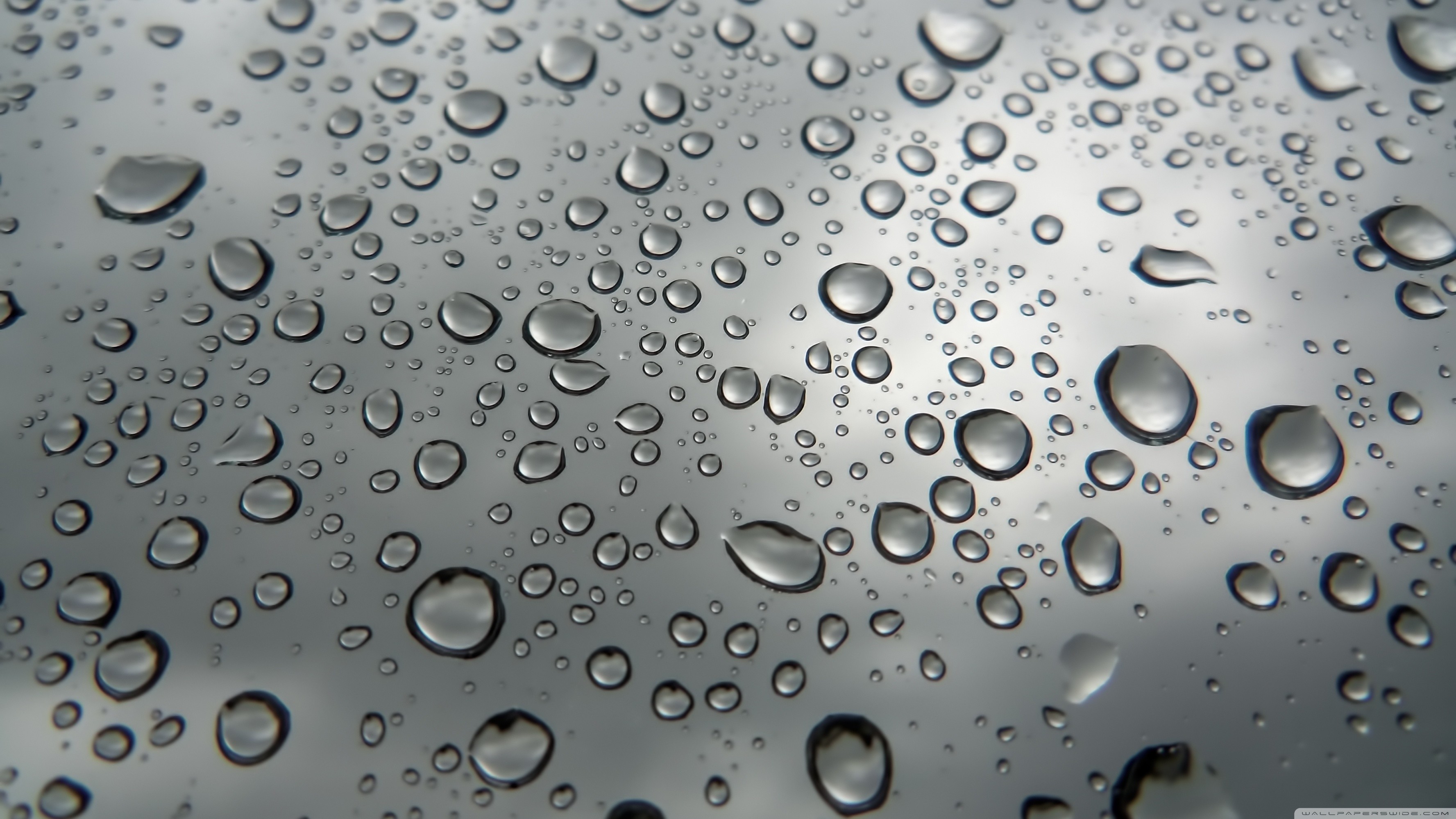 Close-up of raindrops on a surface, creating a textured pattern of water droplets against a blurred gray background