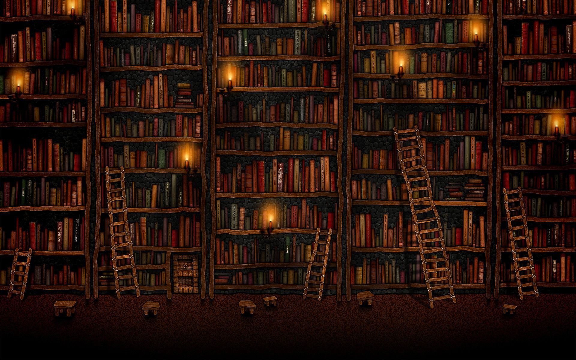 A vast, dimly lit library with towering bookshelves filled with colorful books.  Wooden ladders lean against the shelves, inviting exploration. Candles provide warm, flickering light