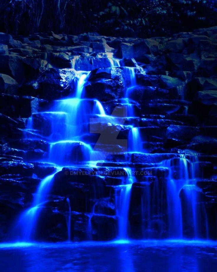 Night Time Waterfall By Dmyeleven Blue Aesthetic