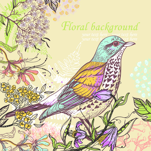 Eps File Hand Drawn Floral Background With Birds Vector