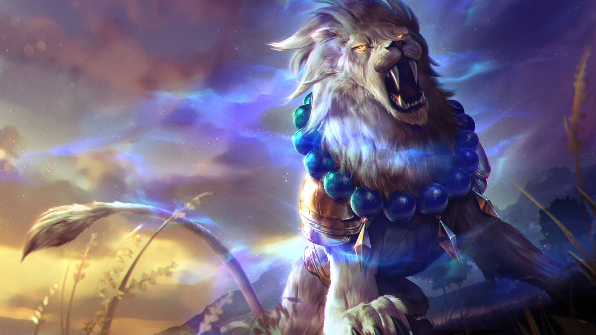 A majestic white lion with glowing blue eyes and a mane, roaring fiercely against a backdrop of a vibrant sunset. It wears a necklace of large, dark blue beads and gold armor