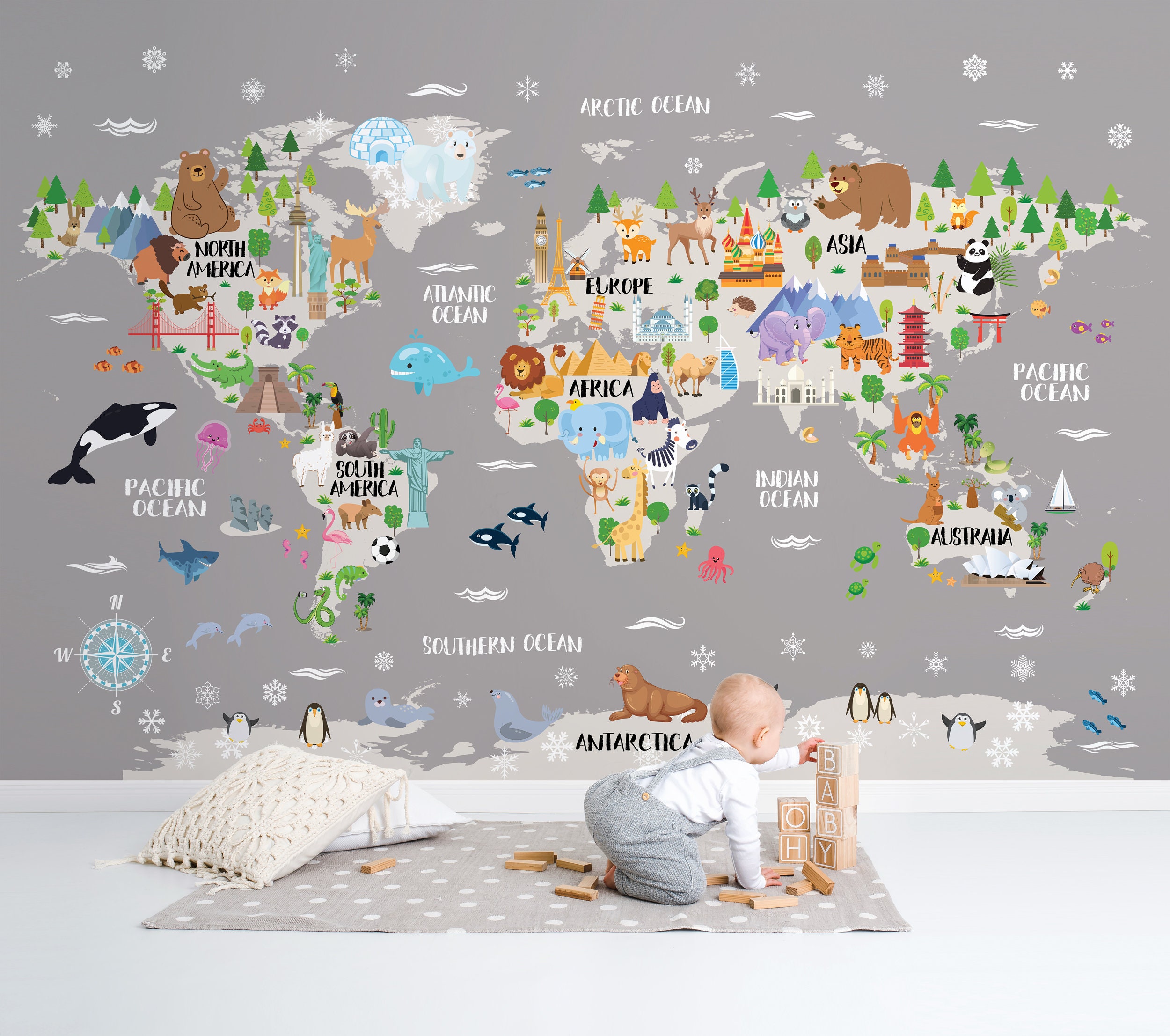 Kids World Map Wallpaper Animal Nursery World Map Wall Decal