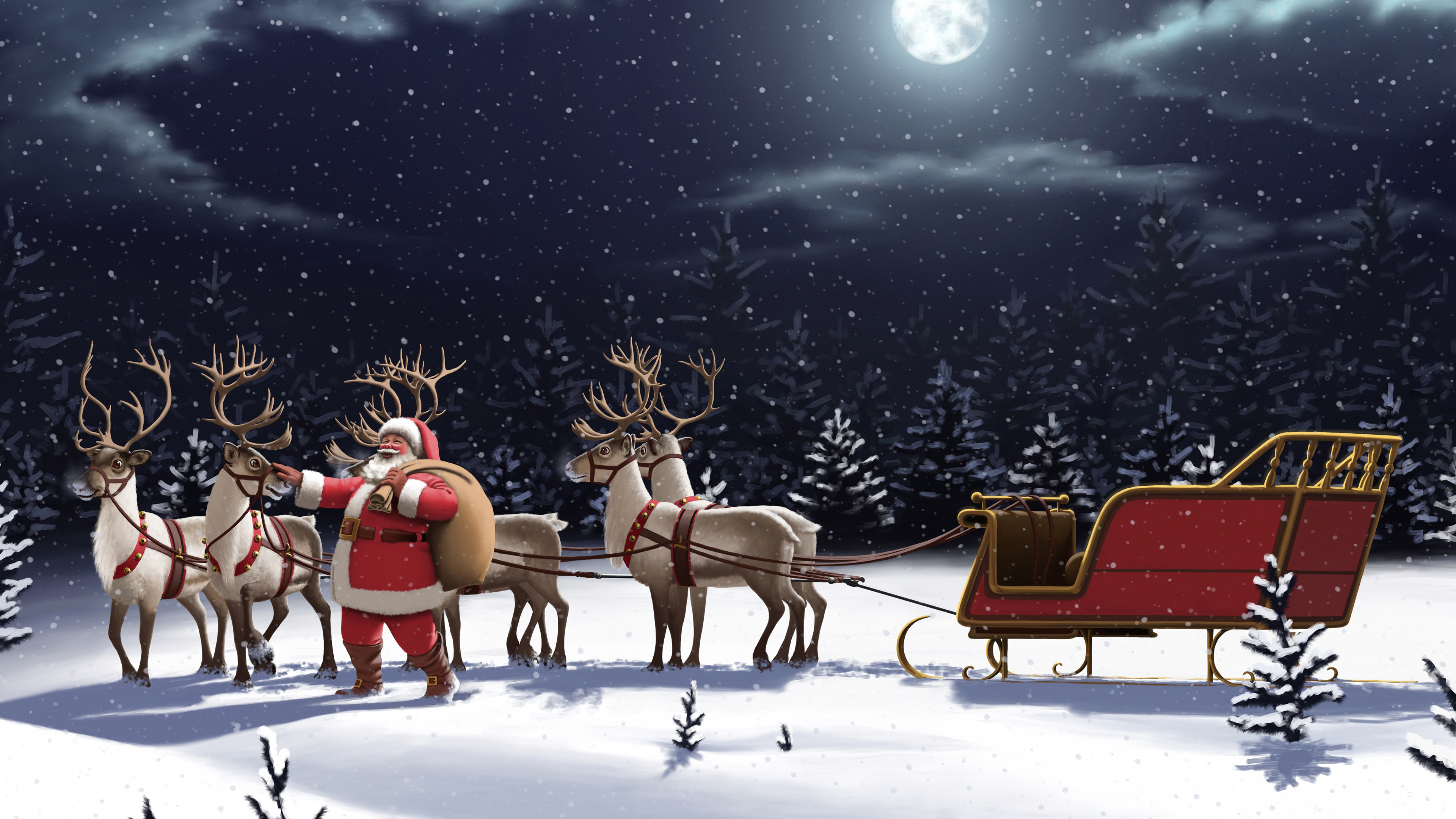 Santa Claus Reindeer Sleigh 4k Wallpaper
