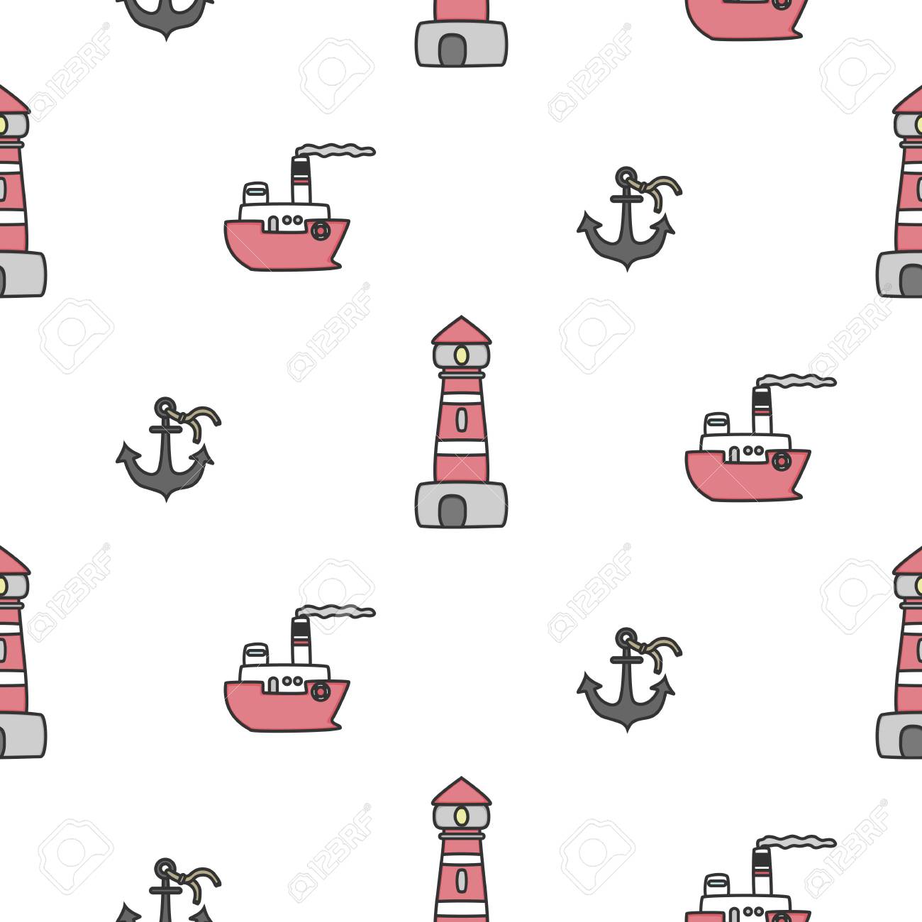 Cute Marine Seamless Pattern Vector Background With Lighthouse