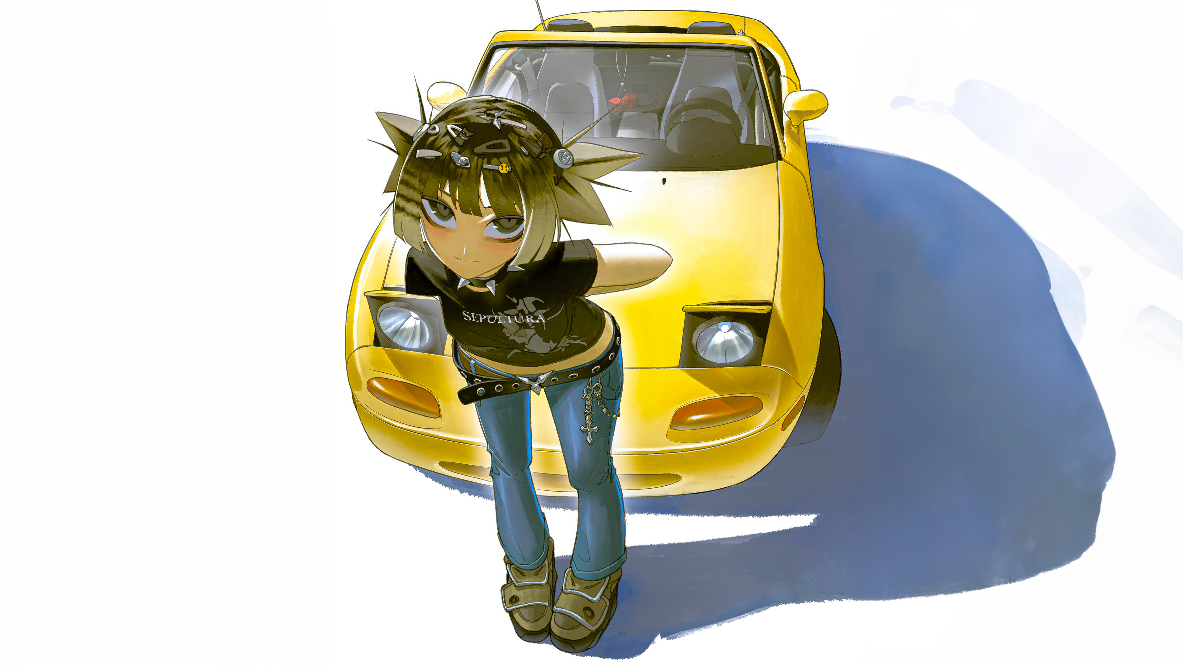 Anime Character Girl With Car Minimal 4k Wallpaper HD
