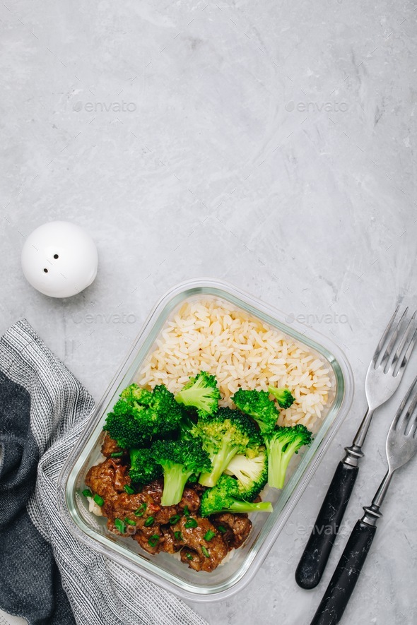 Beef Broccoli Stir Fry Meal Prep Lunch Box Container Stock Photo