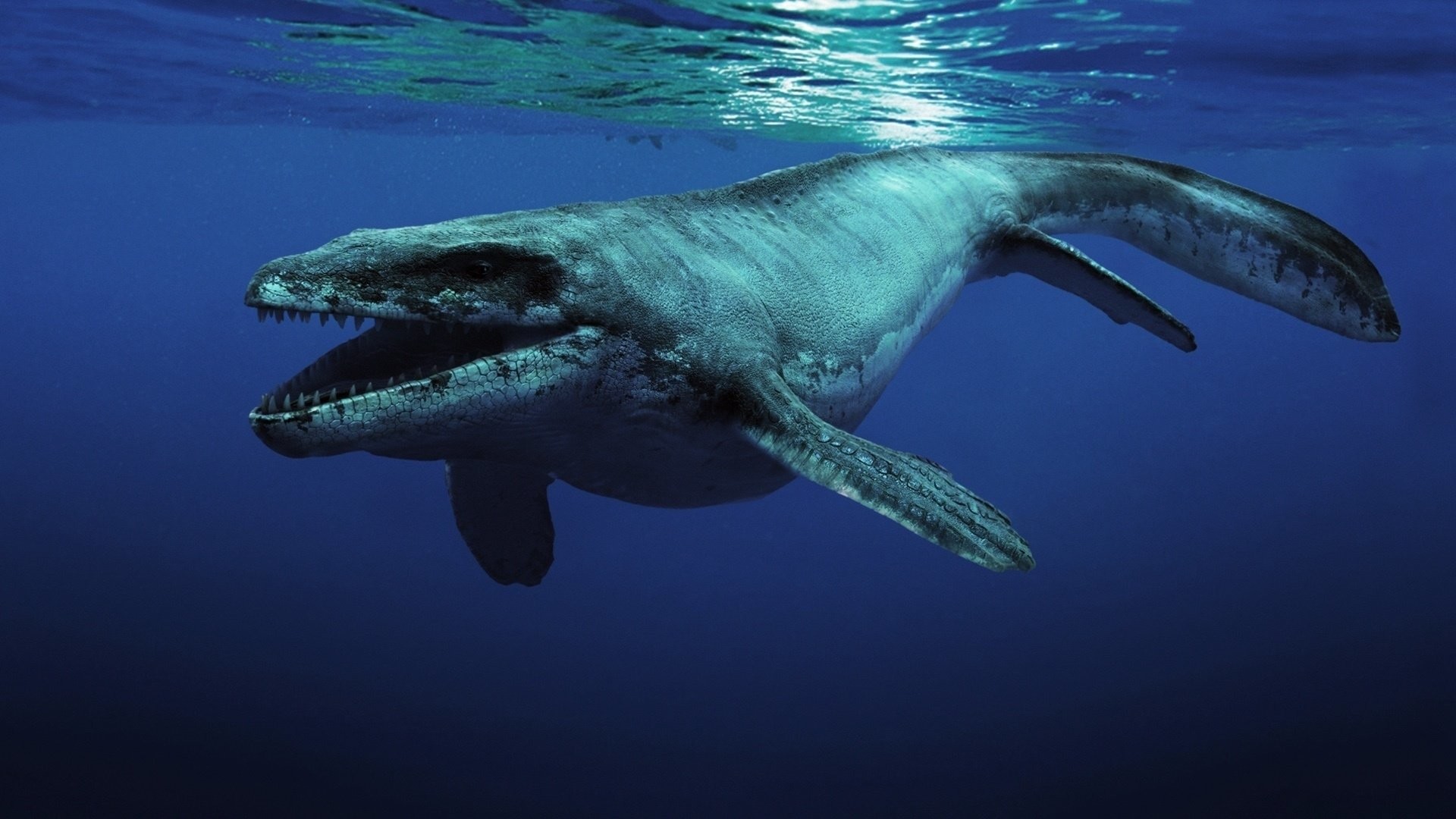 A menacing prehistoric marine reptile, the Tylosaurus, swims through the deep ocean