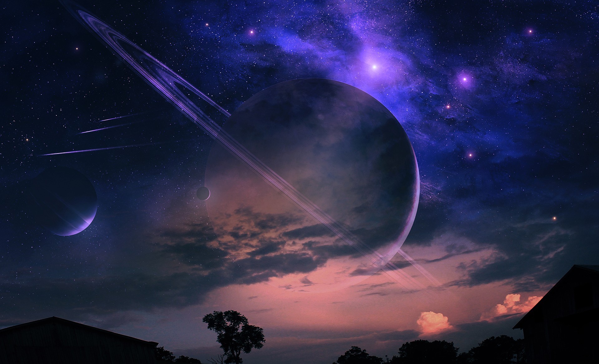 Pla Stars Sky Landscape Night House Tree Cloud Nebula Rings Meteor
