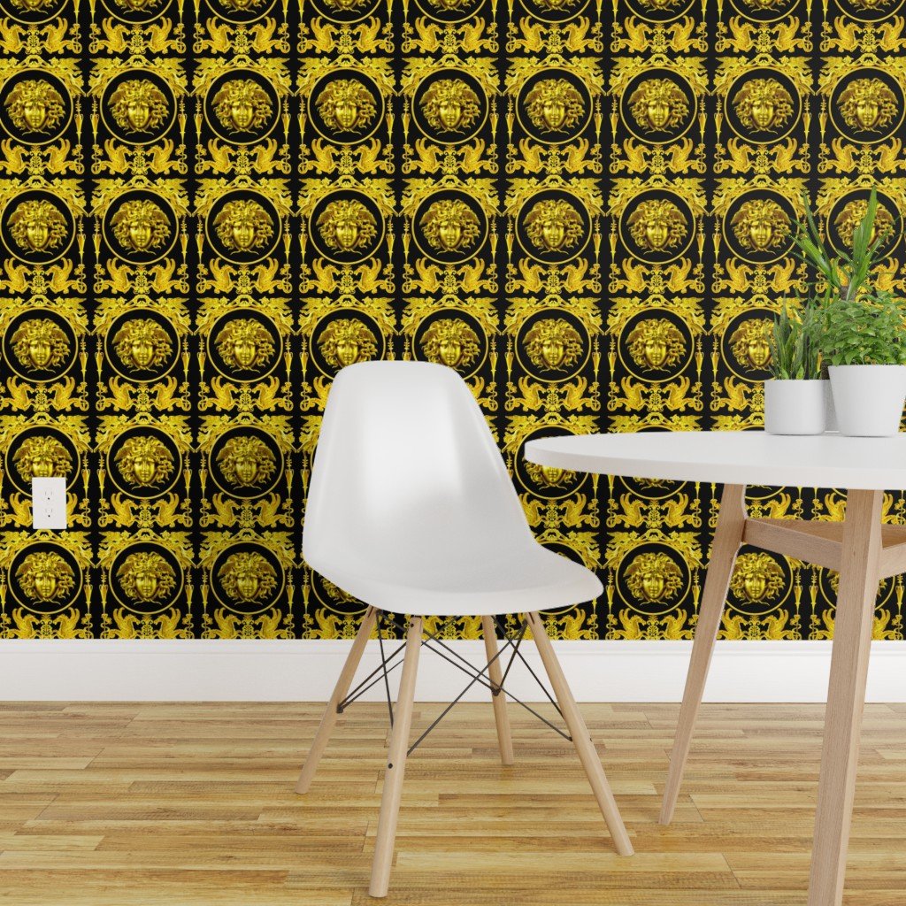 Versace Inspired Medusa Gold Black Ang Spoonflower