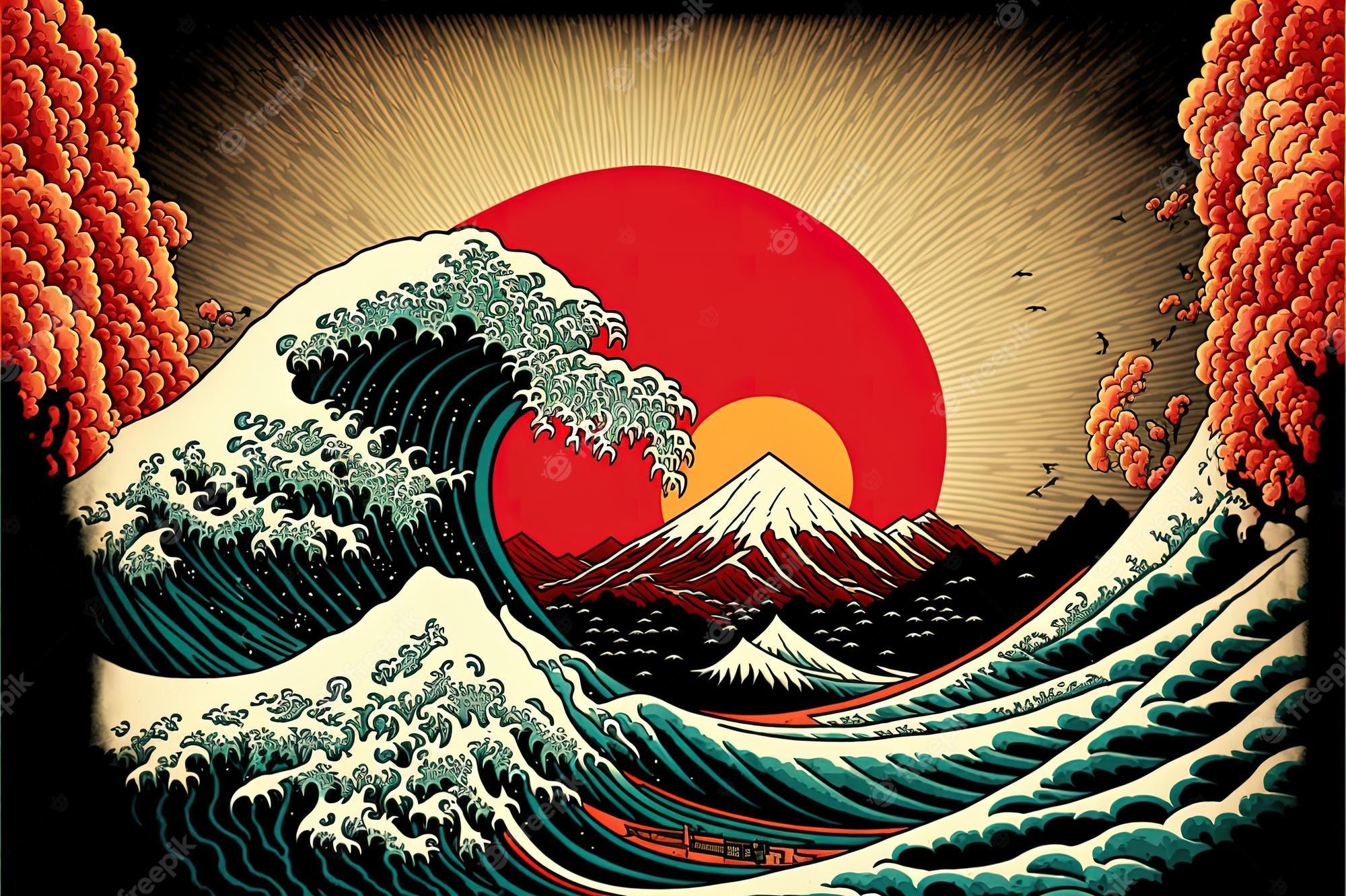 Premium Photo Wave Hokusai On Raising Sun Background In Japanese