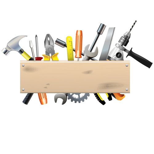 Hardware Tools With Wood Boards Background