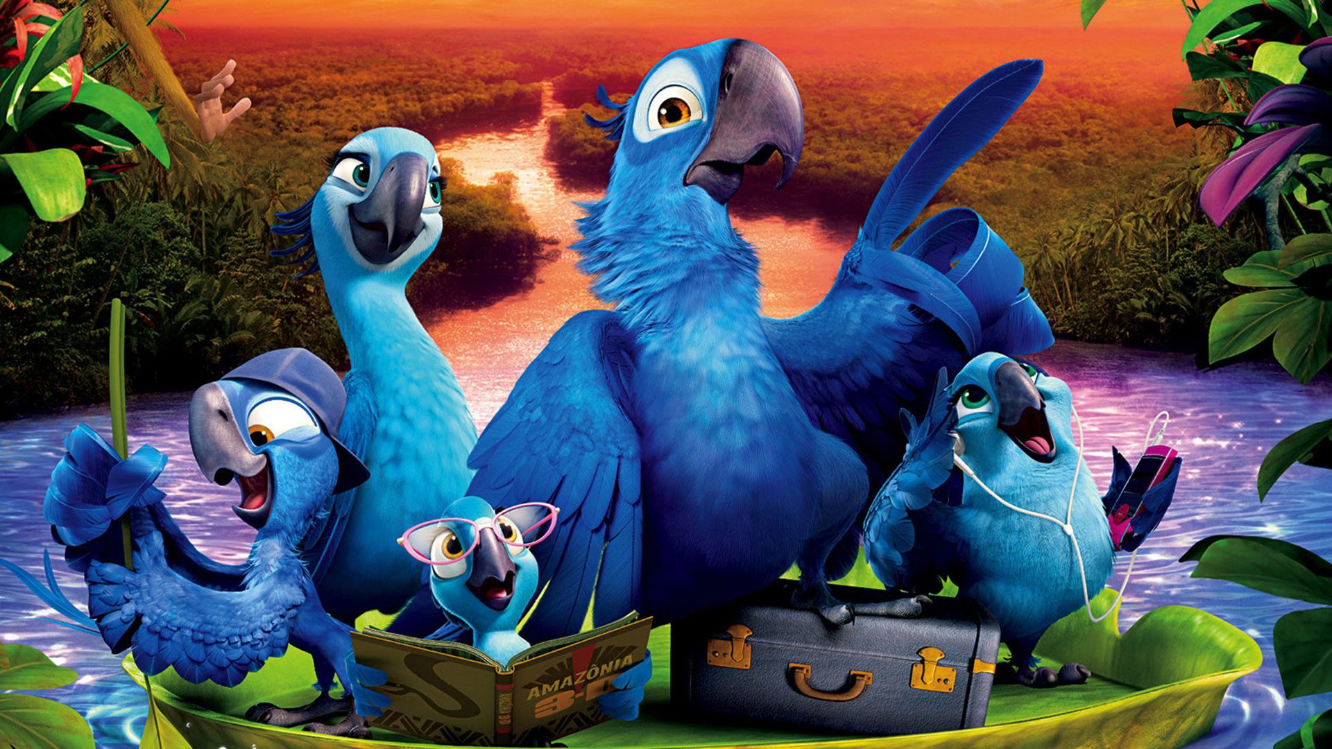 A vibrant 4k cartoon wallpaper featuring Blu and Jewel, the Spix's macaws, with their family sailing down a river in the Amazon rainforest