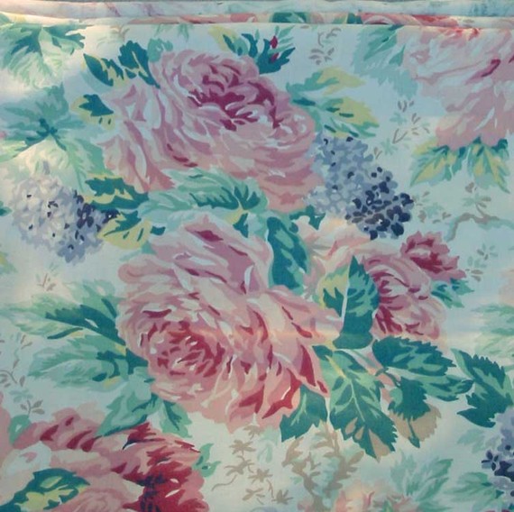 Elegant Waverly Chintz Fabric Pink Cabbage Roses Blue Hydrangeas