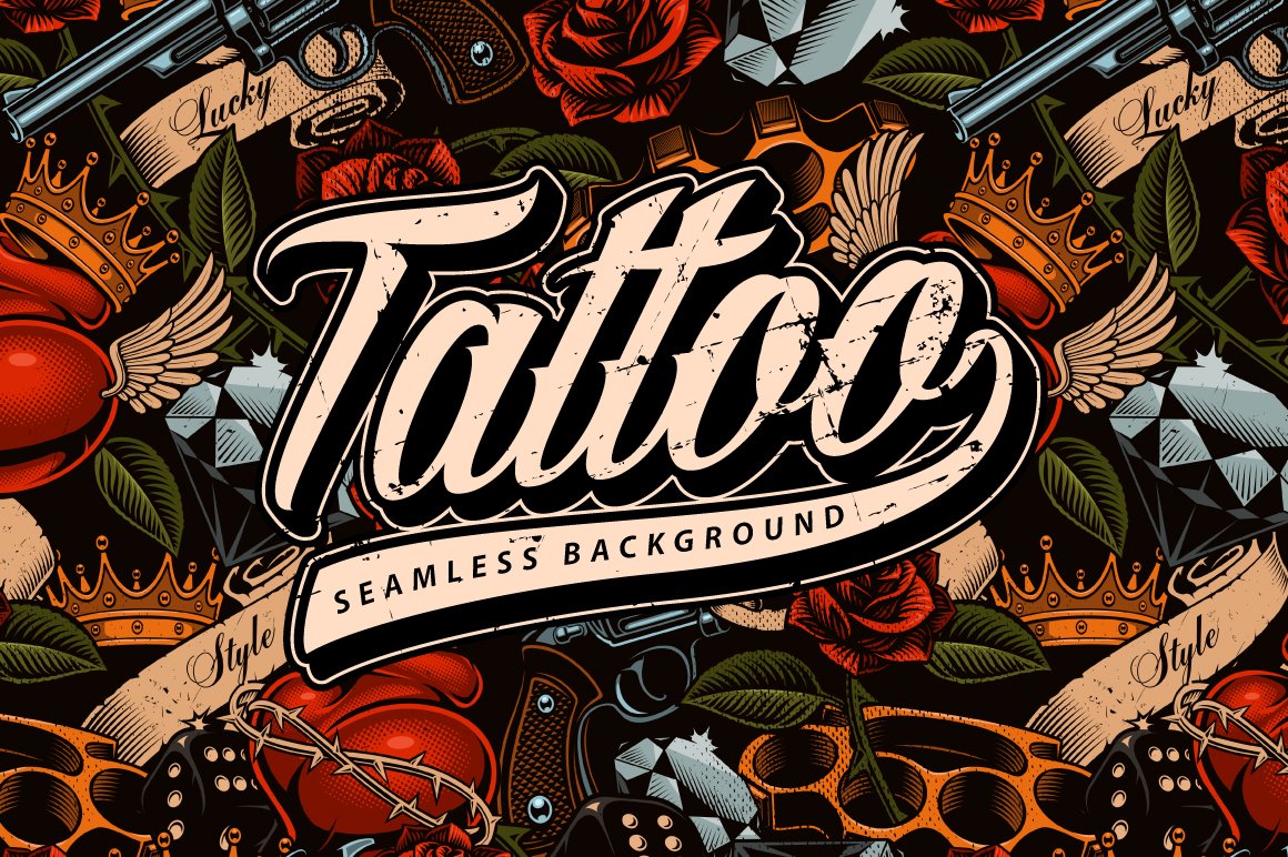 A seamless background wallpaper design showcasing classic tattoo motifs like roses, guns, crowns, diamonds, boxing gloves, wings, brass knuckles, and dice