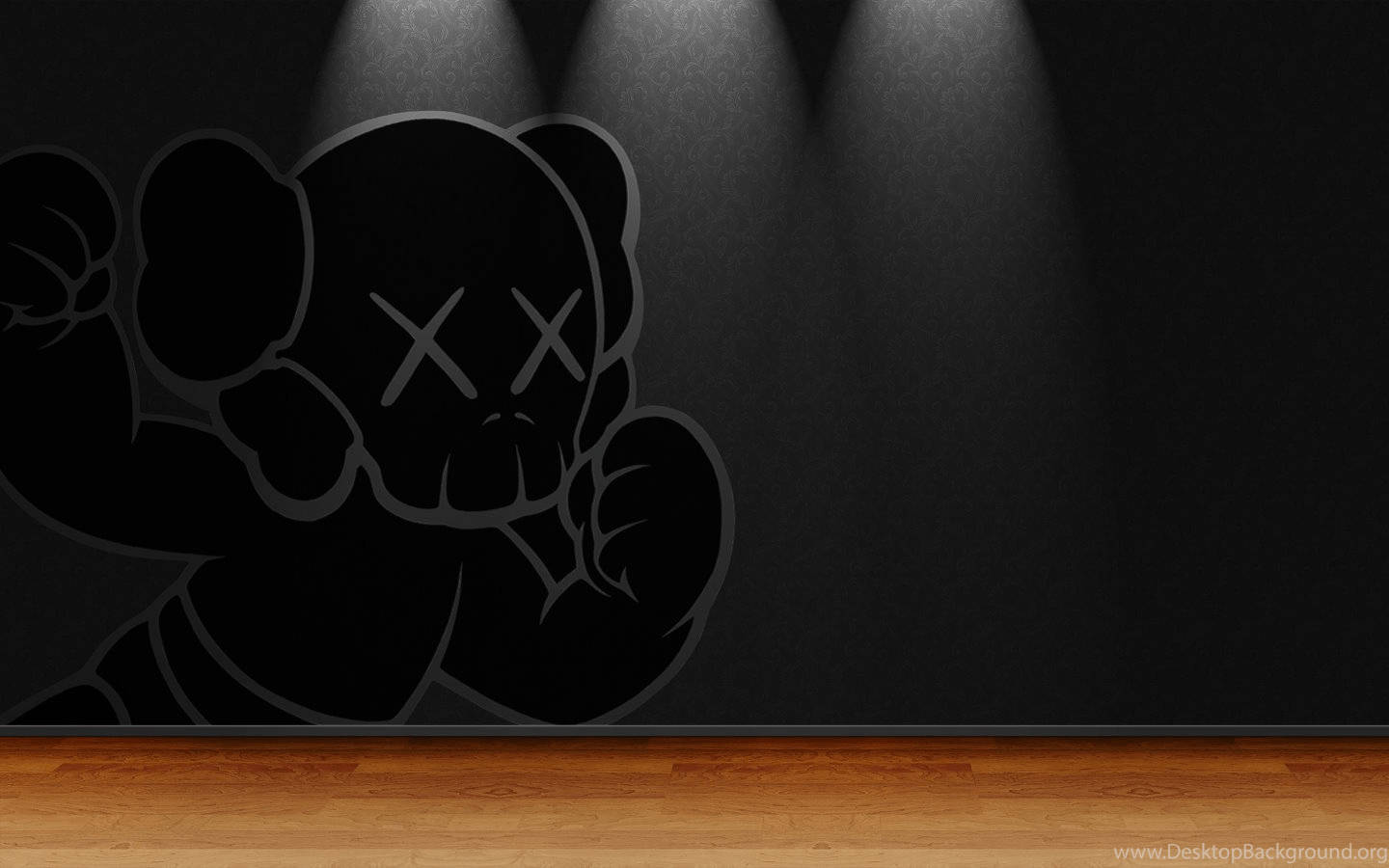 Kaws Companion figure on a dark wall with wooden floor