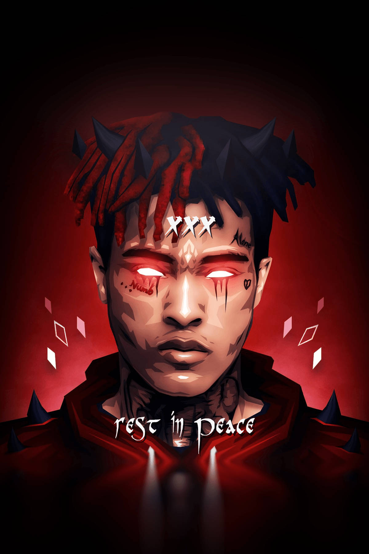 A stylized illustration of XXXTentacion with glowing eyes and devil horns, with the text 'Rest in Peace' overlaid