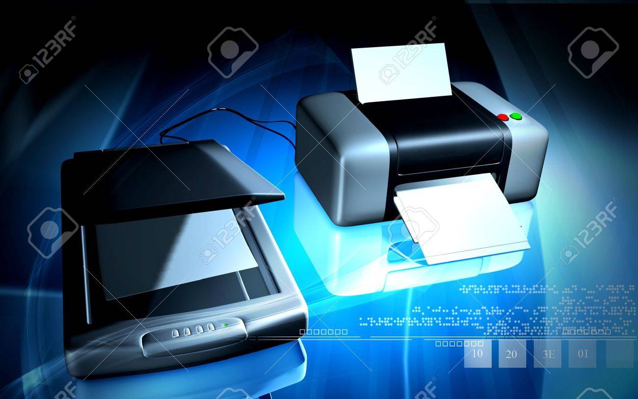 Digital Illustration Of Scanner And Printer In Colour Background