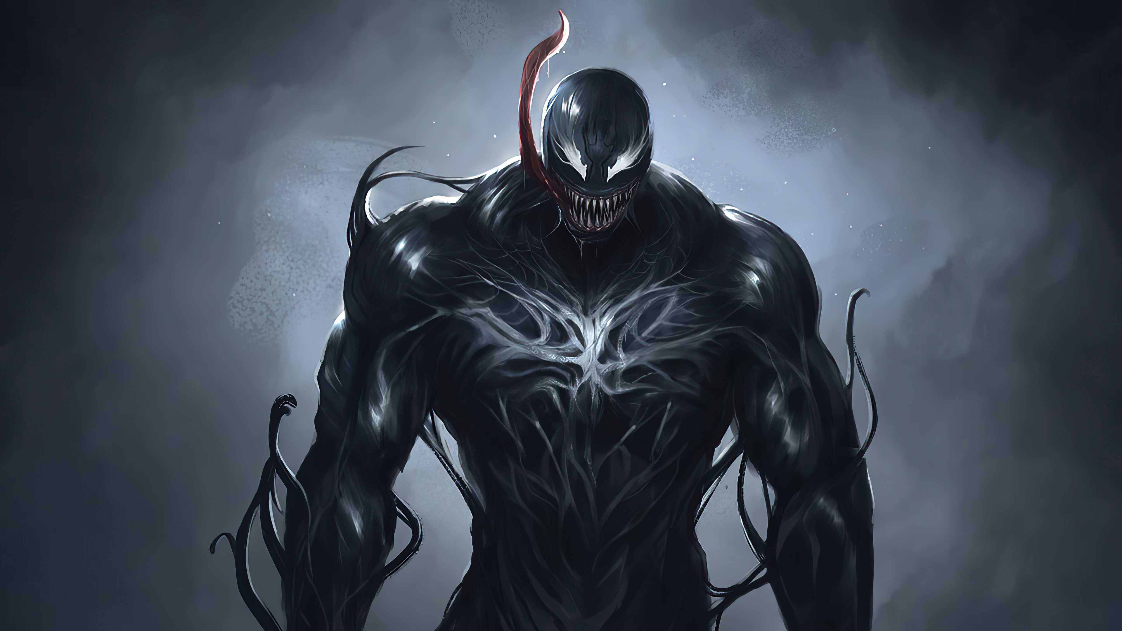Imposing Venom: A high-definition wallpaper showcasing the menacing symbiote with its sharp teeth, long tongue, and powerful physique