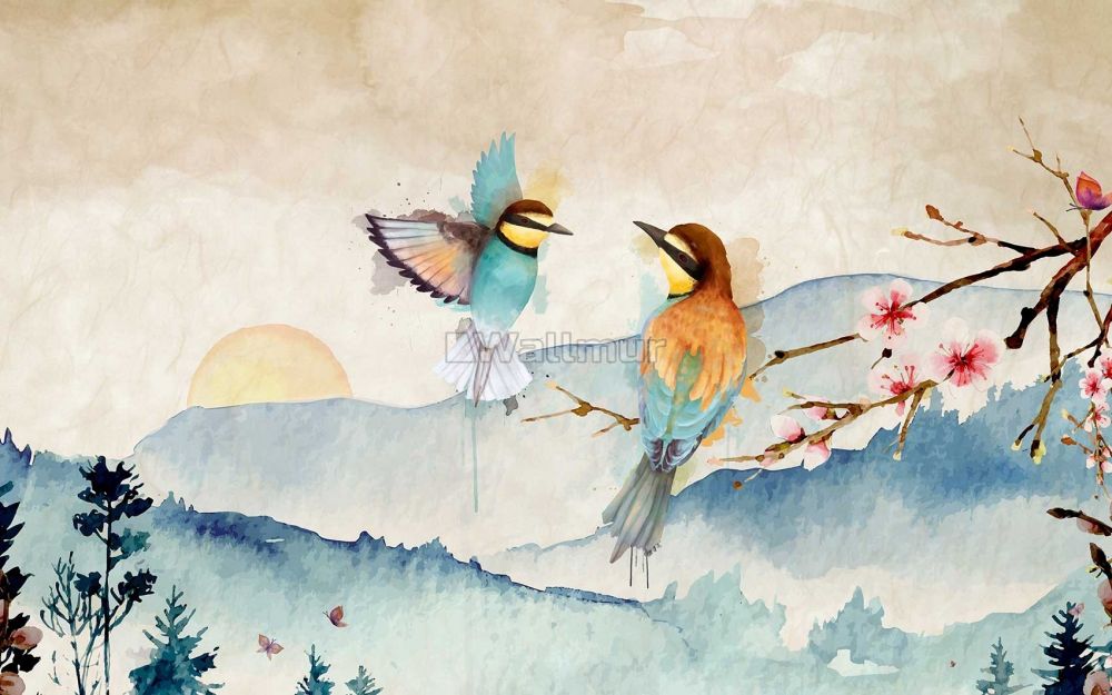 Watercolor Winter Landscape And Colorful Bird Wallpaper Mural