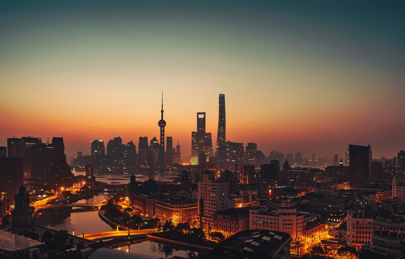 Wallpaper City Lights China Shanghai Twilight River Sky Sea