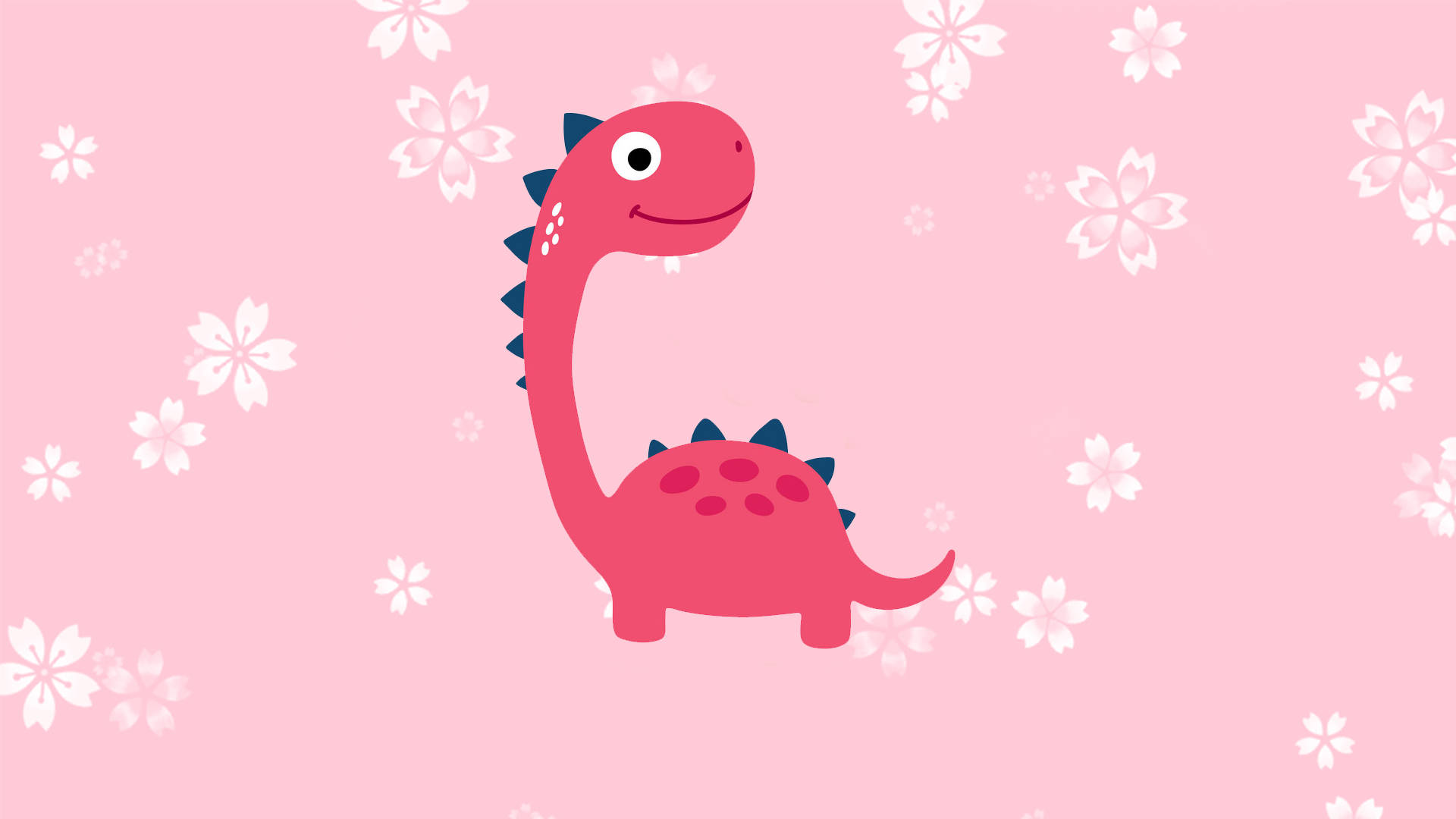 A cute pink cartoon dinosaur on a light pink background with white cherry blossoms. Perfect for a child's room or nursery