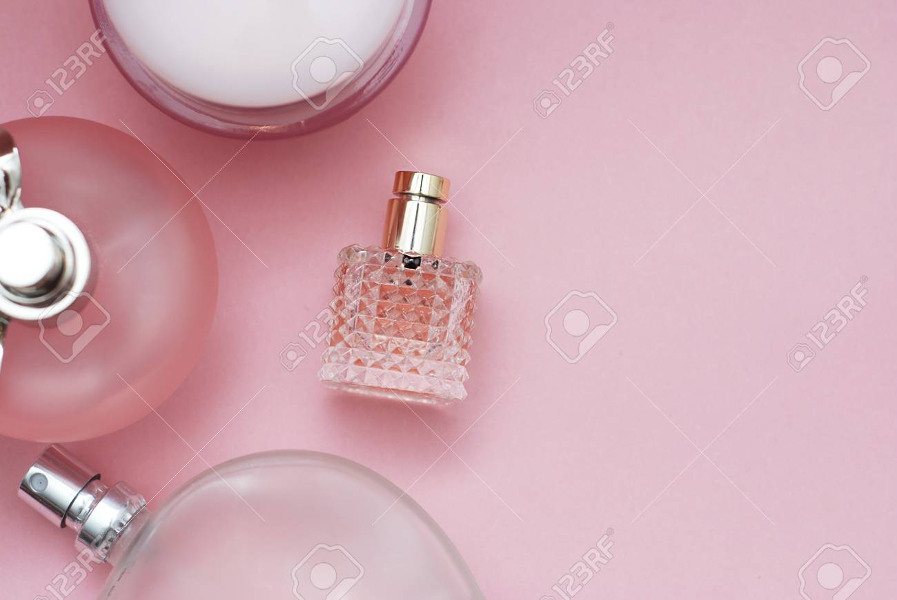 Perfume Bottles Pink Background Perfumery Cosmetics Fragrance