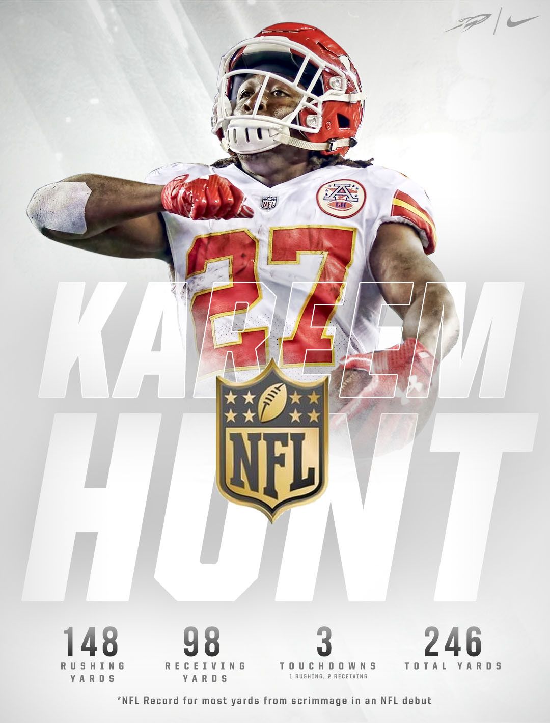 Kareem Hunt NFL Debut Graphic   NFL record for most yards from