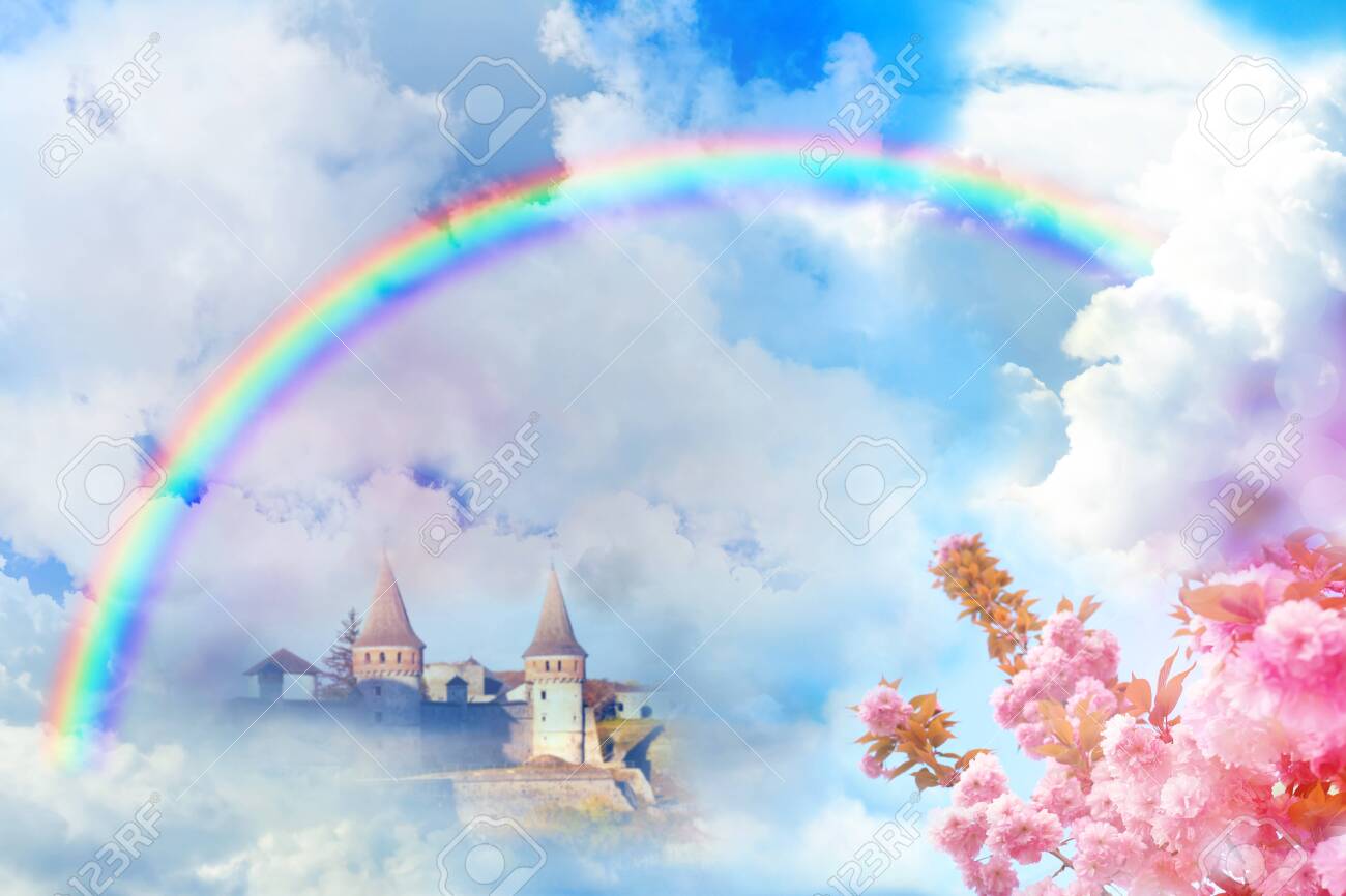 Fantasy World Beautiful Rainbow In Sky With Fluffy Clouds Over