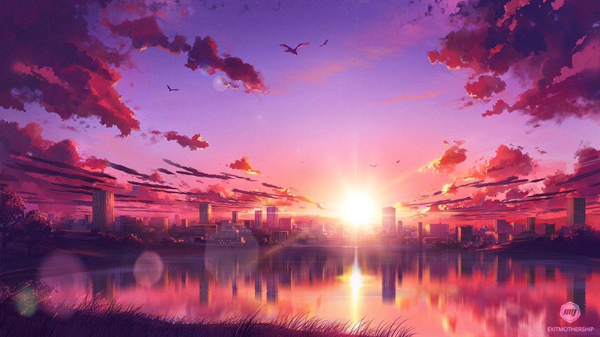 Anime cityscape at sunset with pink and purple sky reflecting in the water