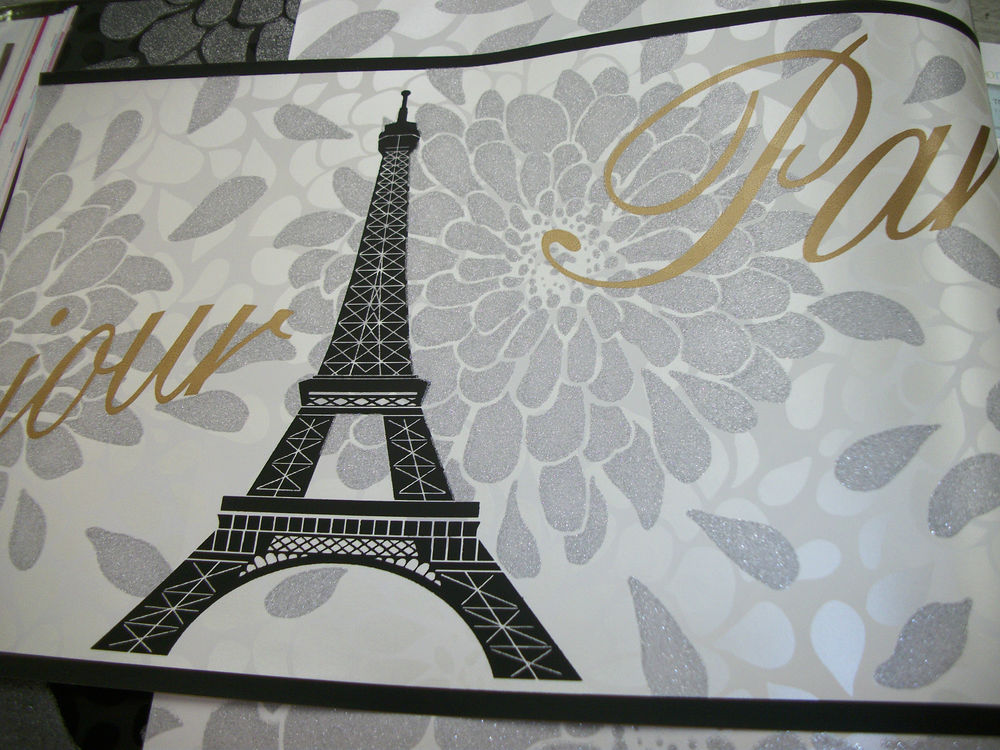 Eiffel Tower Bonjour Glitter Black Wallpaper Border Ks2266b