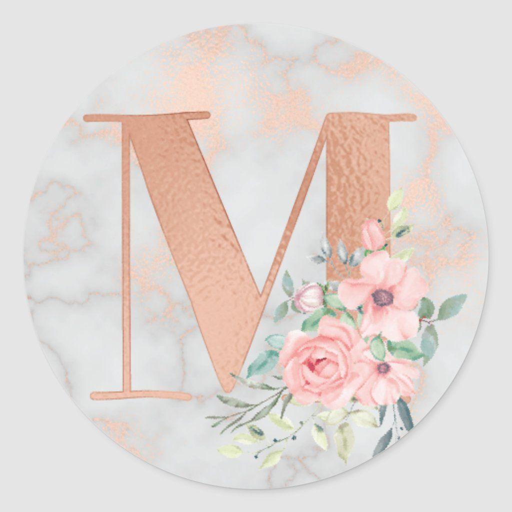 Rose Gold Marble Pink Flowers Monogram Letter M Classic Round