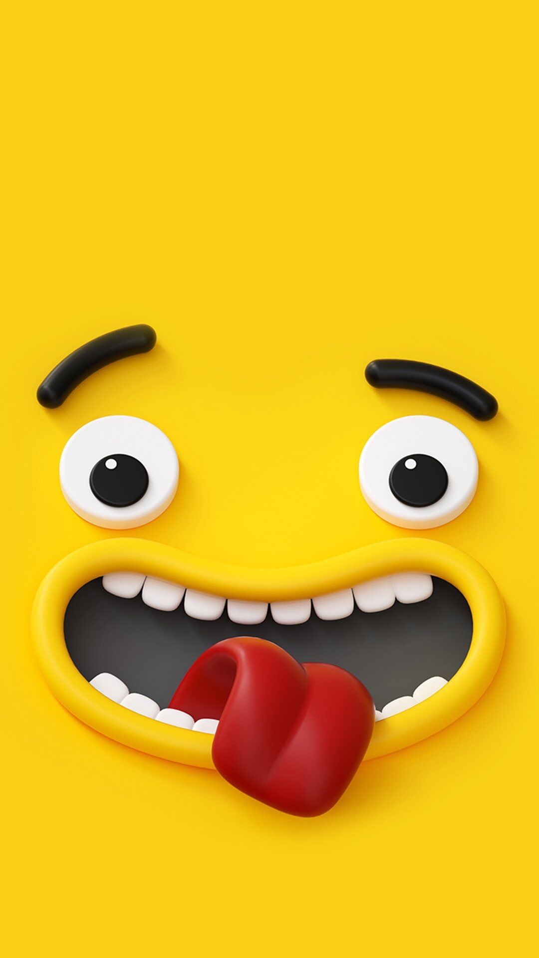 A 3D rendering of a playful yellow emoji face with wide eyes, a big open mouth, white teeth, and a large red tongue sticking out against a bright yellow background