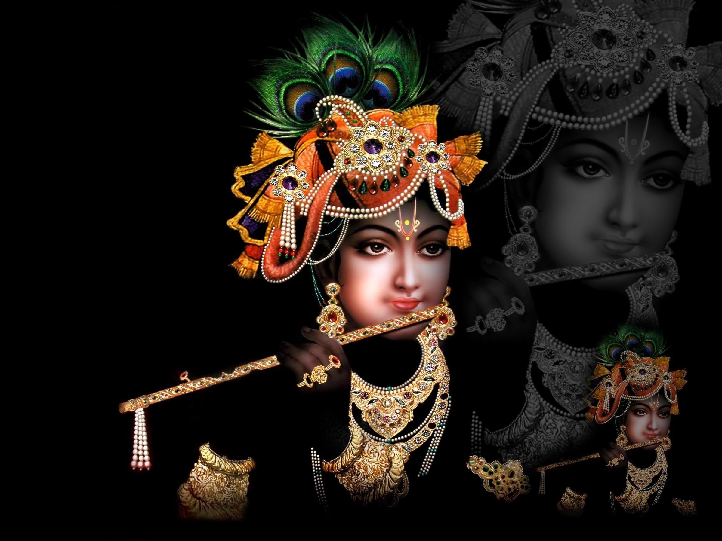 Shri Krishna In Black Background Hd Wallpaper