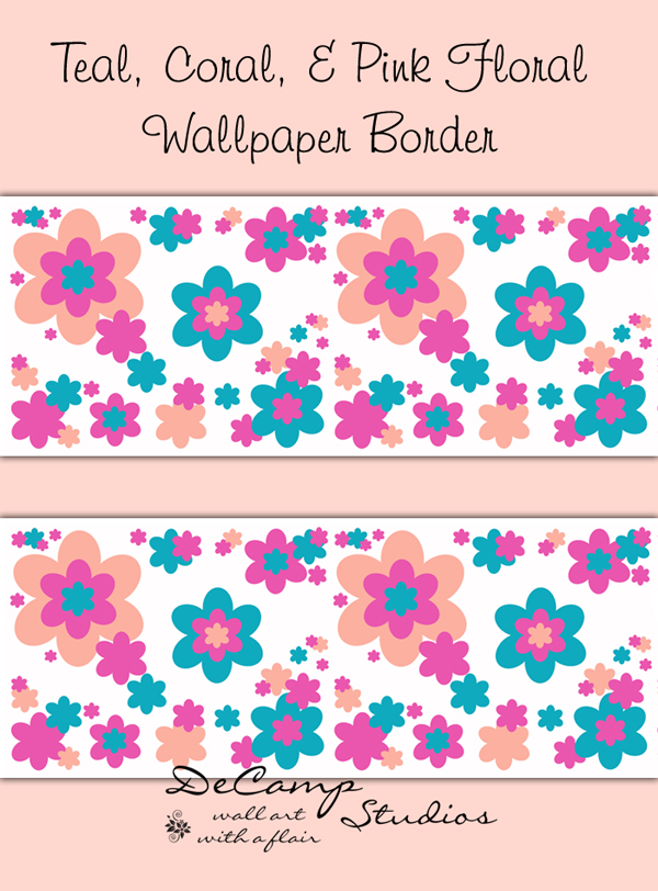 Coral Teal Pink Floral Wallpaper Border Wall Decals Girls Room