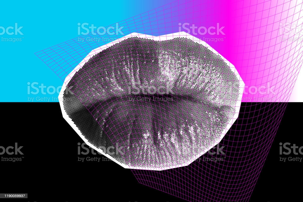 Kissing Halftone Woman Lips On Vaporwave Bright Background Stock